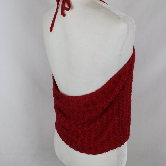 Vintage TWO ROADS Halter Tank Top Woman Size Large Red Lace Cropped Drawstring - Picture 8 of 9